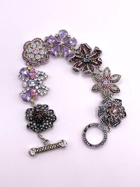 Floral and Butterfly Silver Tone Rhinestone Statement Bracelet 8" READ